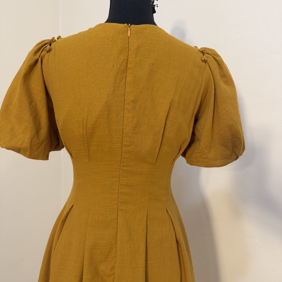 Elegant Mustard Puff Sleeve Dress - Picture 2 of 10